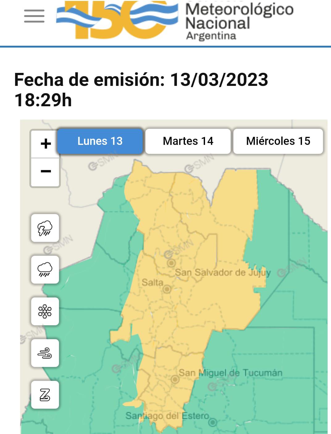 Alerta amarilla por tormentas en gran parte de la provincia