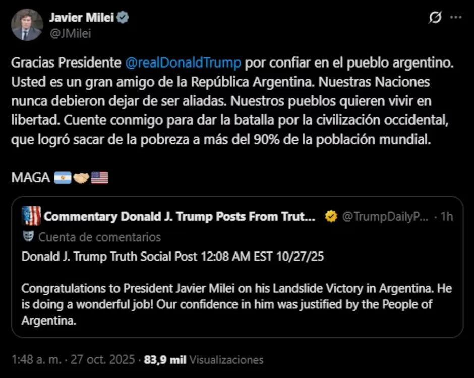 la-respuesta-de-javier-milei-a-donald-trump-luego-de-felicitacion-del-presidente-de-estados-unidos-foto-xjmilei-DV6BQ5T4JNFABNOBNUQVJWZLQY